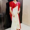 White Kanjivaram Pure Silk Saree with Red Border and Attached Blouse Piece
