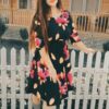 Black Floral Crepe A-line Dress for Women