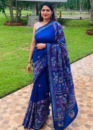 Blue Bird Kantha Hand Embroidered Semi Silk Saree with Blouse Piece