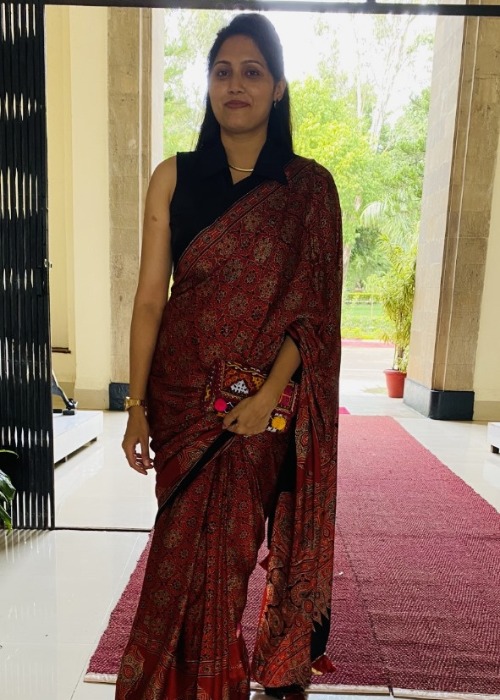 Elegant Women Rust Silk Ajrakh Saree with Blouse Piece - Shivani Jaswal Women Rust Silk Ajrakh Saree with Intricate Block Prints