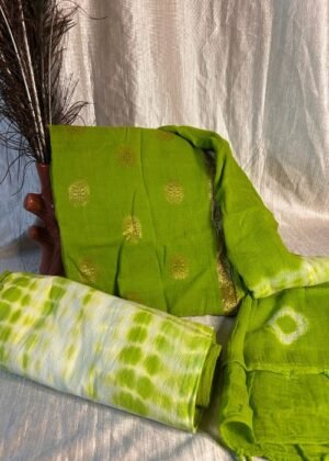 Elegant Parrot Green Paisley & Tie-Dye Unstitched Suit Set - Premium Cotton Blend, Perfect for Festive & Casual Wear