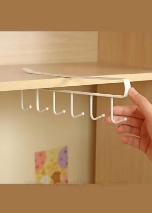 White multipurpose over-the-door organizer rack with multiple hooks for clothes, bags, and kitchen use.