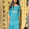 Teal rayon paisley printed kurta with faux mirror detailing, ideal for casual and festive occasions.