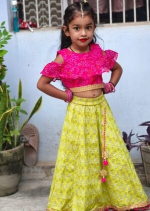 Vibrant green polyester printed lehenga choli set for girls, ready-to-wear festive outfit.