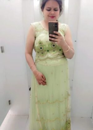 Elegant Evening Gown – Lime Green Net with Floral Embroidery