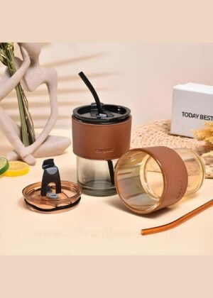 Stylish Glass Mug – Heat-Resistant, Anti-Skid, Reusable with Lid & Straw