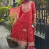 Libas Orange Silk Blend Anarkali Kurta Set with Trousers & Dupatta, Elegant Festive & Wedding Wear.