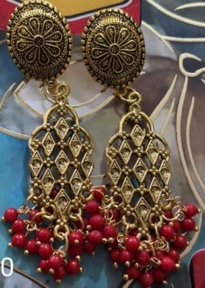 Handmade gold-plated earrings with intricate floral designs and red bead detailing.