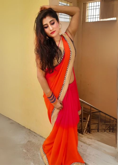 Women's Georgette Half-Half Saree with Mirror Lace Border & Designer Blouse - Shivani Jaswal Women's Georgette Half-Half Saree with Mirror Lace Border & Designer Blouse – Perfect for Weddings & Festive Occasions.