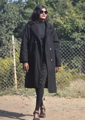 Polycotton Double-Breasted Long Winter Coat for Women