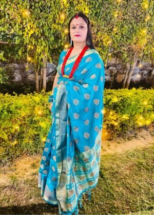 Banarasi Silk Leaf Print Saree with Golden Zari Work - Bridal Wear