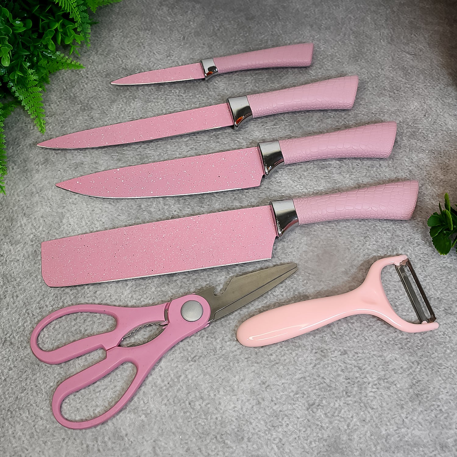 Stainless Steel Non Stick Ceramic Coating 6 Pcs Chef Kitchen Knife Set with Scissor & Peeler - Shivani Jaswal Stainless Steel Non Stick Ceramic Coating 6 Pcs Chef Kitchen Knife Set with Scissor & Peeler