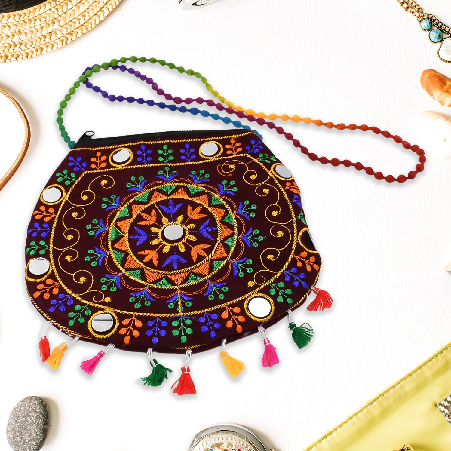 Handcrafted Cotton Embroidered Shoulder Bag / Purse for Girls & women (1 Pc / 9 Inch / Mix Desing) - Shivani Jaswal Handcrafted Cotton Embroidered Shoulder Bag / Purse for Girls & women (1 Pc / 9 Inch / Mix Desing)