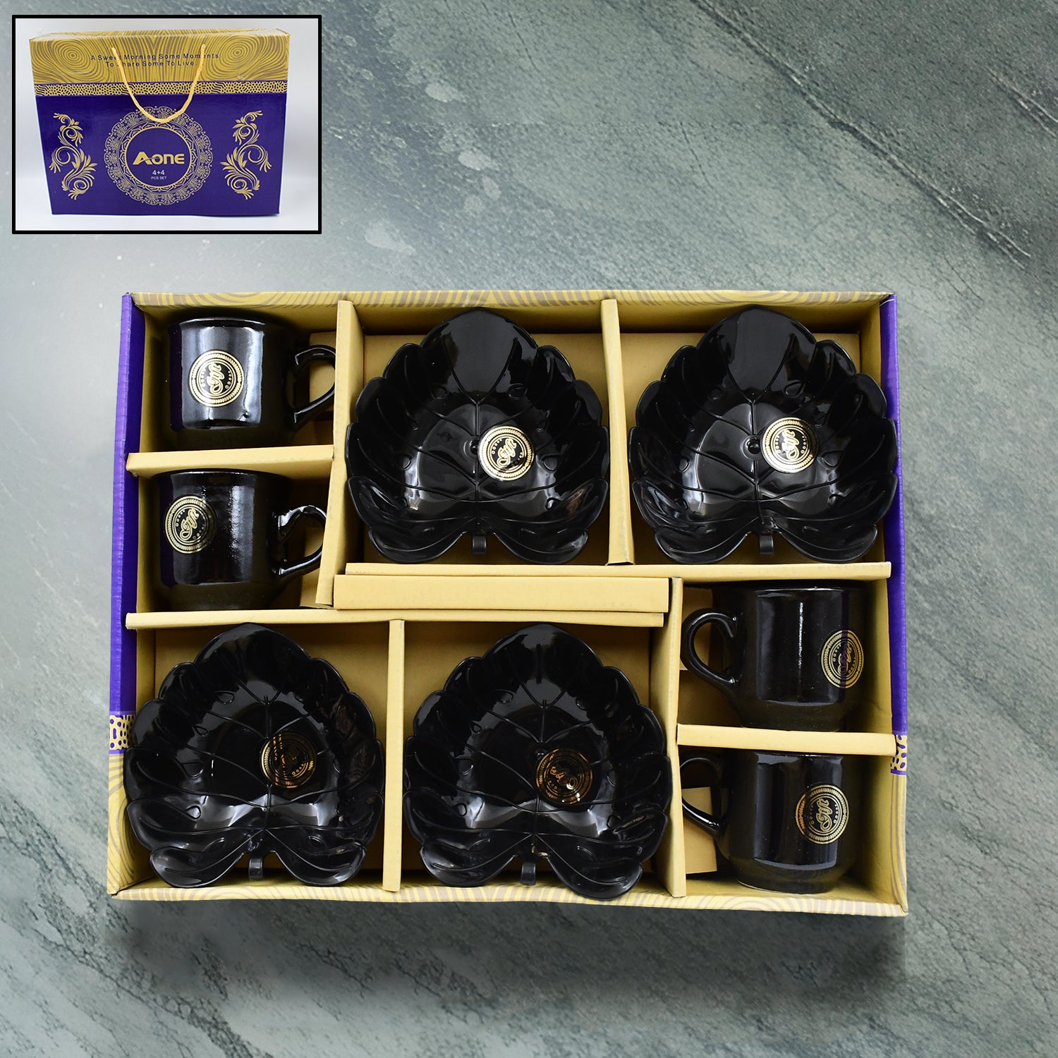 A One Ceramic Tea / cups / Mug Set With Leaf Shape Serving Bowl (8 Pcs set) - Shivani Jaswal A One Ceramic Tea / cups / Mug Set With Leaf Shape Serving Bowl (8 Pcs set)