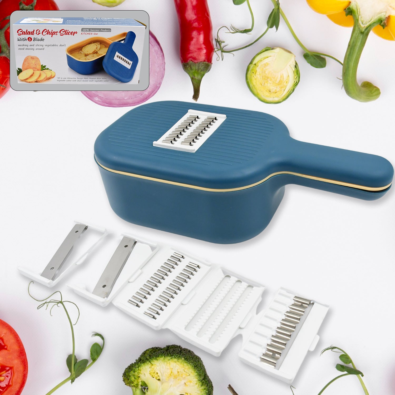 Vegetable Slicer Cutter - 6 Blades Kitchen Accessories, Tools & Appliances with Container & Handle (1 Set) - Shivani Jaswal Vegetable Slicer Cutter - 6 Blades Kitchen Accessories, Tools & Appliances with Container & Handle (1 Set)