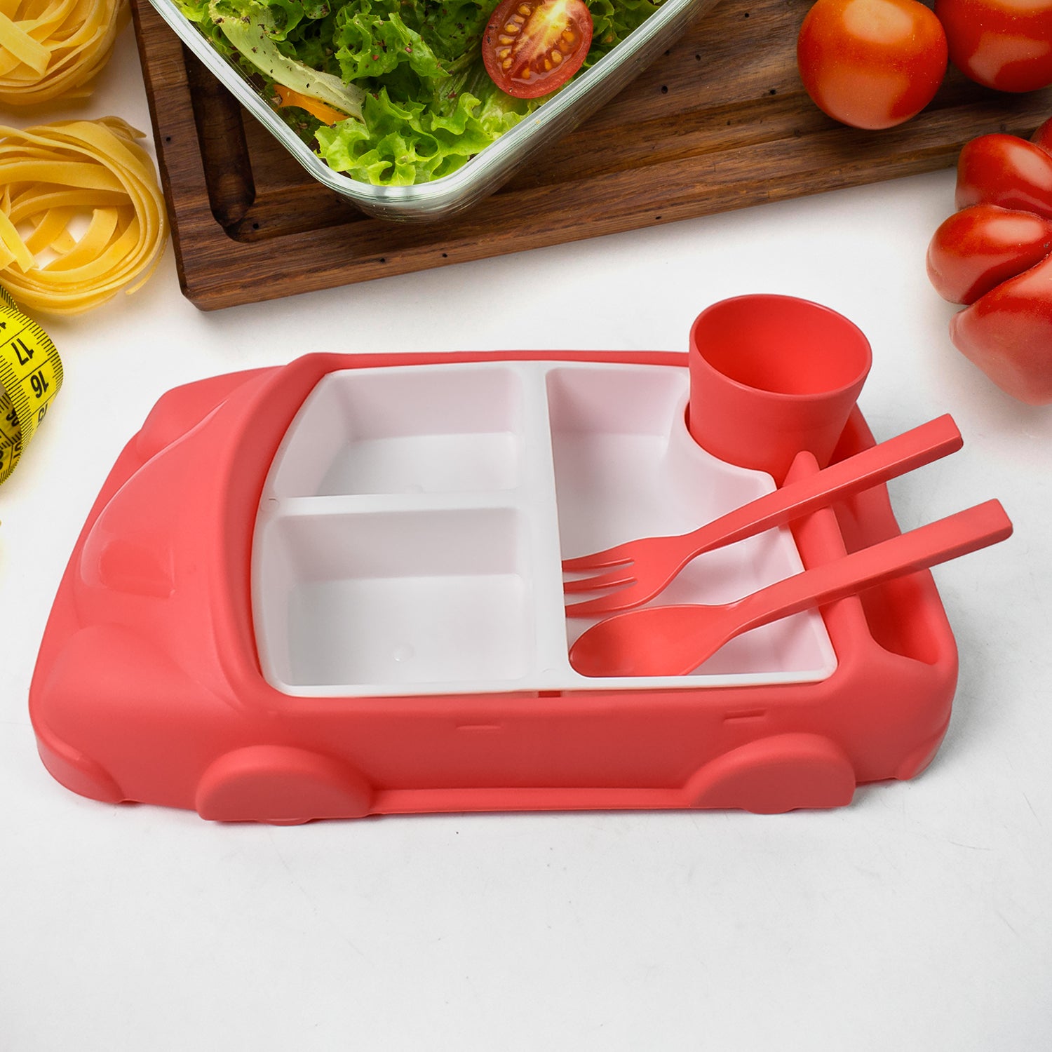 Kid's Car Shaped Plates Cup / Lunch Box Dinnerware Set (4 Pcs Set / 1000 ML Lunch Box) - Shivani Jaswal Kid's Car Shaped Plates Cup / Lunch Box Dinnerware Set (4 Pcs Set / 1000 ML Lunch Box)