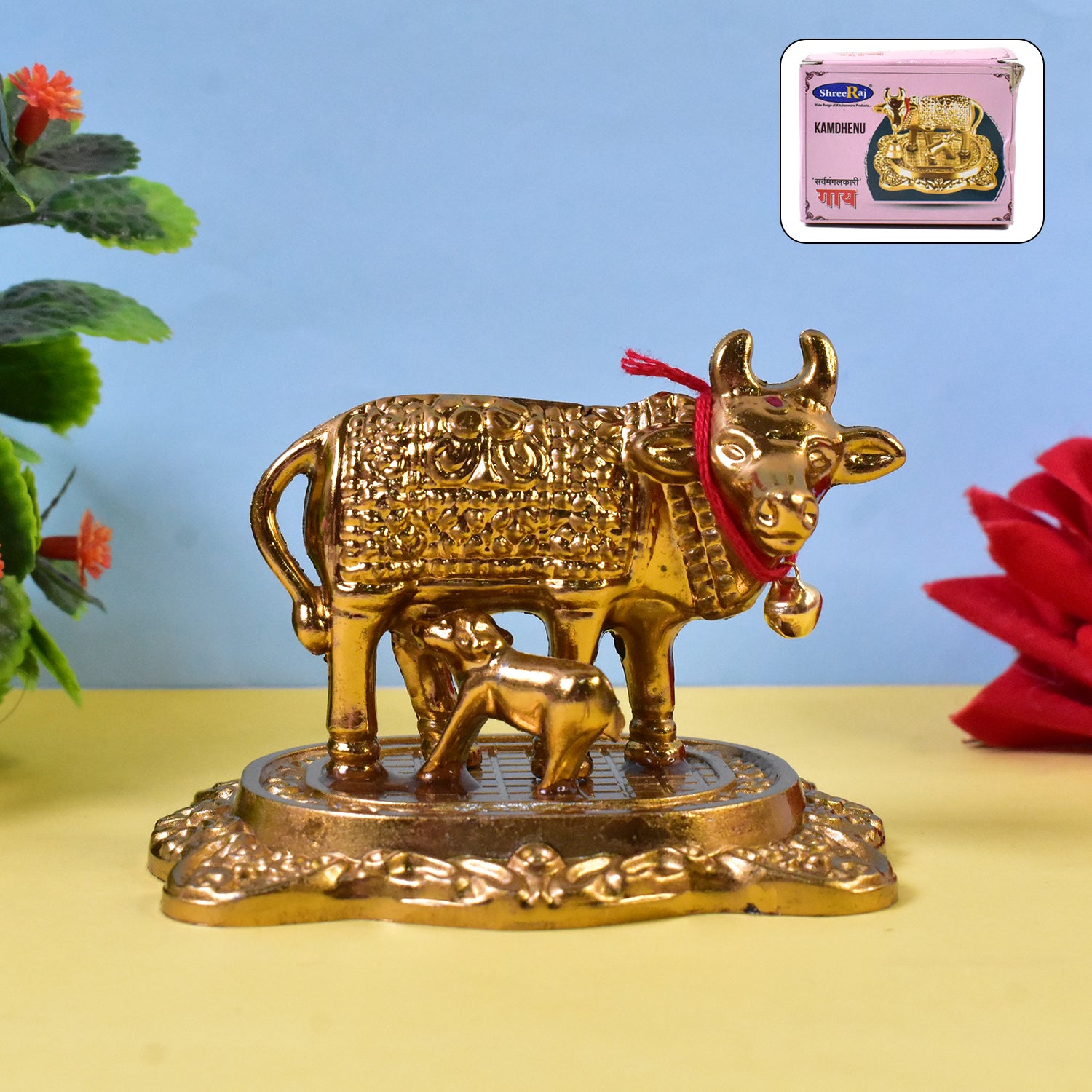 Metal Golden Kamdhenu Cow with Calf (1 Pc) - Shivani Jaswal Metal Golden Kamdhenu Cow with Calf (1 Pc)