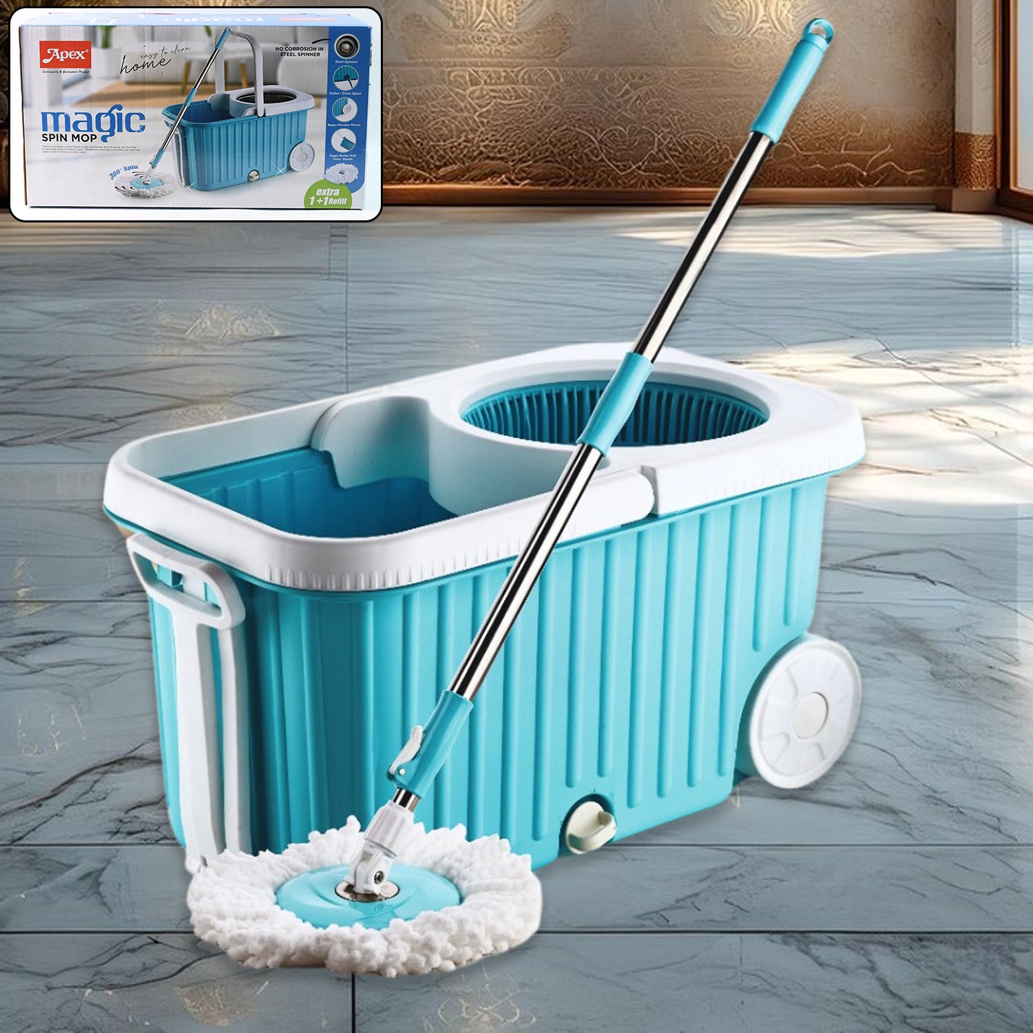 Apex Magic 360° Spin Mop Cleaning System with Stainless Steel Spinner - Shivani Jaswal Apex Magic 360° Spin Mop Cleaning System with Stainless Steel Spinner