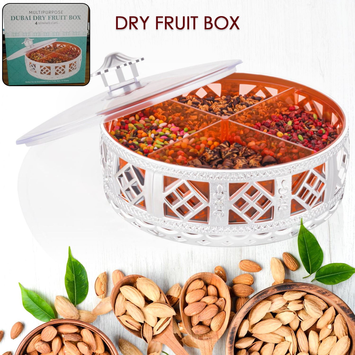 Multipurpose Dry Fruit Box 4 Section Dry Fruit Round Silver Gift Box (1 Pc) - Shivani Jaswal Multipurpose Dry Fruit Box 4 Section Dry Fruit Round Silver Gift Box (1 Pc)