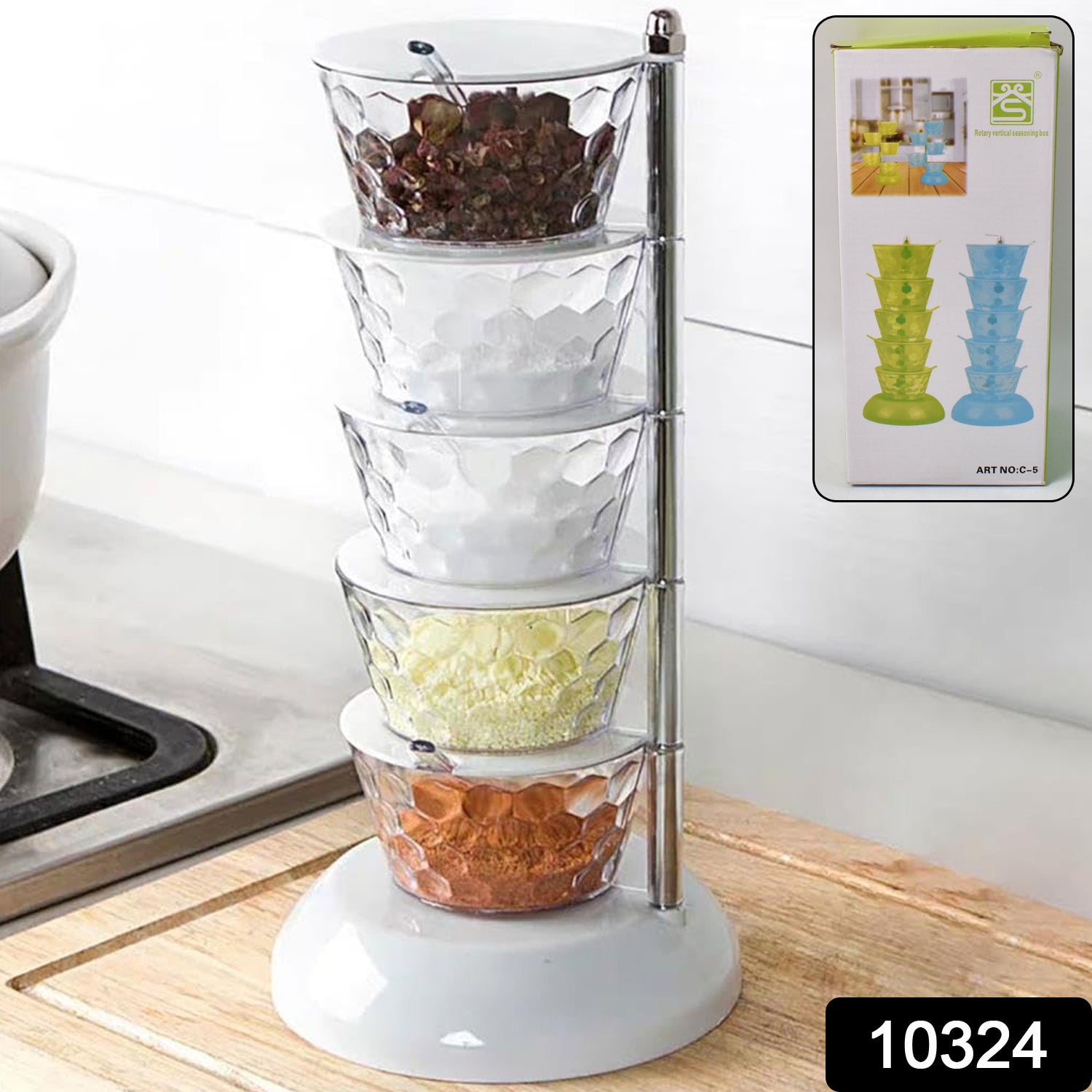 5 Section 360° Rotating Vertical Seasoning Box Plastic Pickle Tower | Spice Rack (5 Layer with 5 Plastic Spoon / 1 Set) - Shivani Jaswal 5 Section 360° Rotating Vertical Seasoning Box Plastic Pickle Tower | Spice Rack (5 Layer with 5 Plastic Spoon / 1 Set)