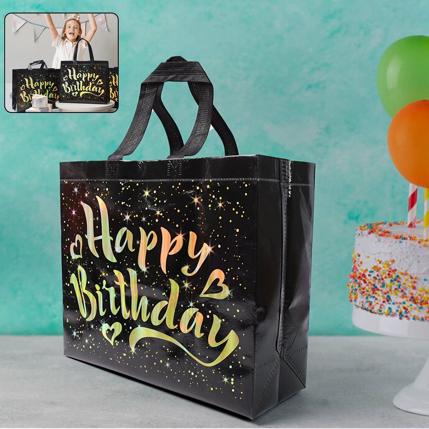 Birthday Gift Bag with Gold Shiny Stars, Reusable Party Gift Bags (1 Pc) - Shivani Jaswal Birthday Gift Bag with Gold Shiny Stars, Reusable Party Gift Bags (1 Pc)