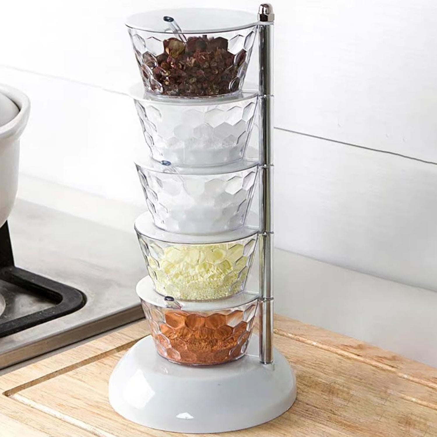 5 Section 360° Rotating Vertical Seasoning Box Plastic Pickle Tower | Spice Rack (5 Layer with 5 Plastic Spoon / 1 Set) - Shivani Jaswal 5 Section 360° Rotating Vertical Seasoning Box Plastic Pickle Tower | Spice Rack (5 Layer with 5 Plastic Spoon / 1 Set)