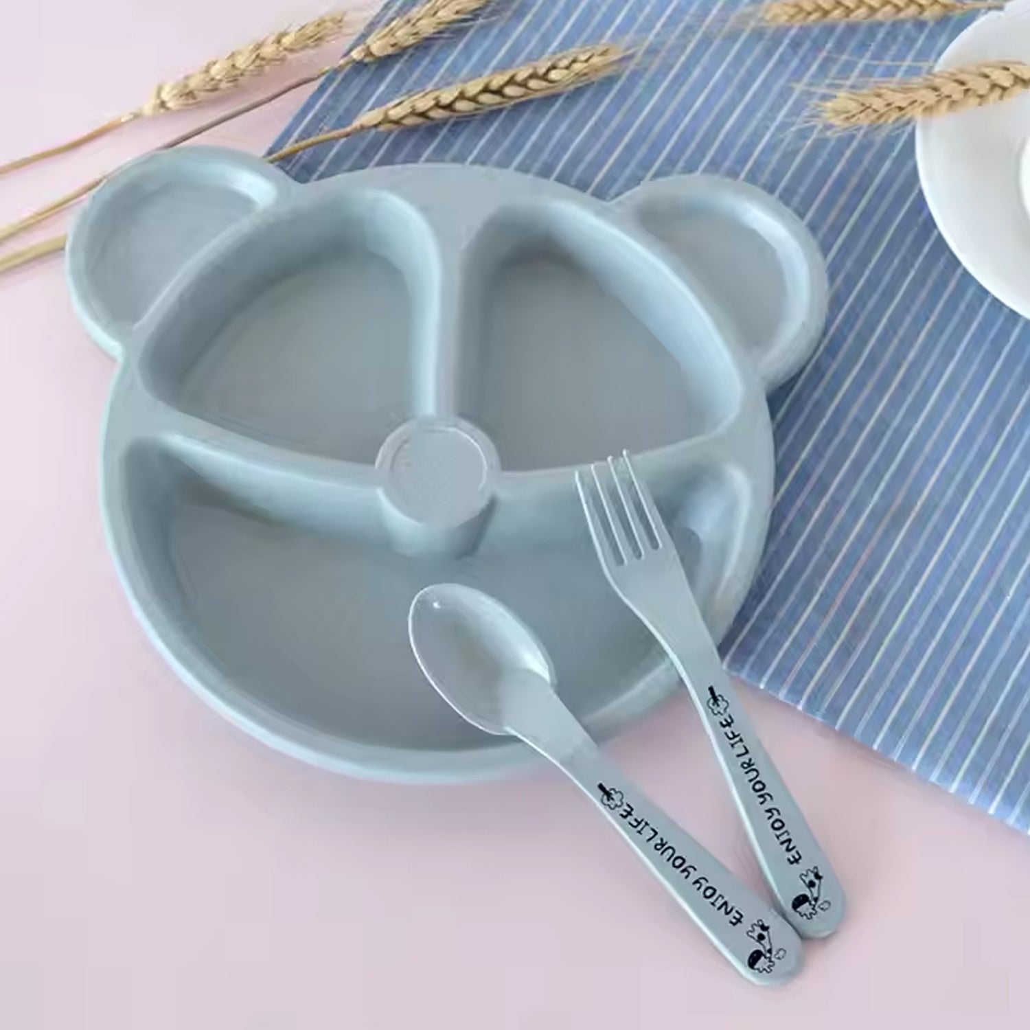 Kids 3 Compartment Food Tray / Plates With Spoon & Fork (1 Set) - Shivani Jaswal Kids 3 Compartment Food Tray / Plates With Spoon & Fork (1 Set)