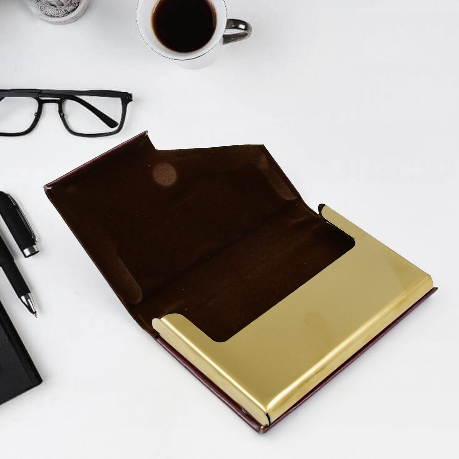 Leather Professional Business Visiting Card Case With Luxury Ballpoint Blue Pens (2 Pc Set / With Gift Box) - Shivani Jaswal Leather Professional Business Visiting Card Case With Luxury Ballpoint Blue Pens (2 Pc Set / With Gift Box)