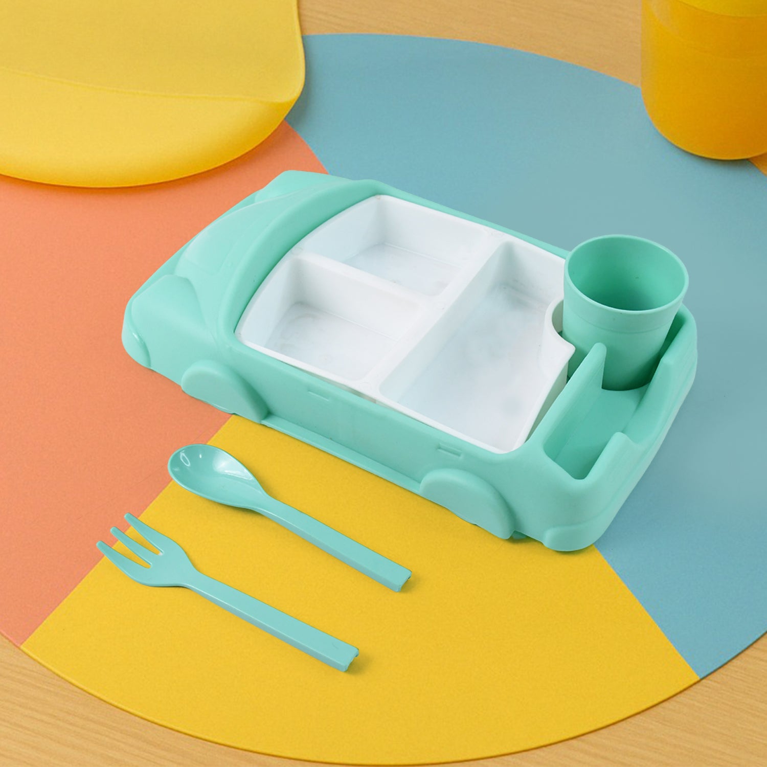 Kid's Car Shaped Plates Cup / Lunch Box Dinnerware Set (4 Pcs Set / 1000 ML Lunch Box) - Shivani Jaswal Kid's Car Shaped Plates Cup / Lunch Box Dinnerware Set (4 Pcs Set / 1000 ML Lunch Box)