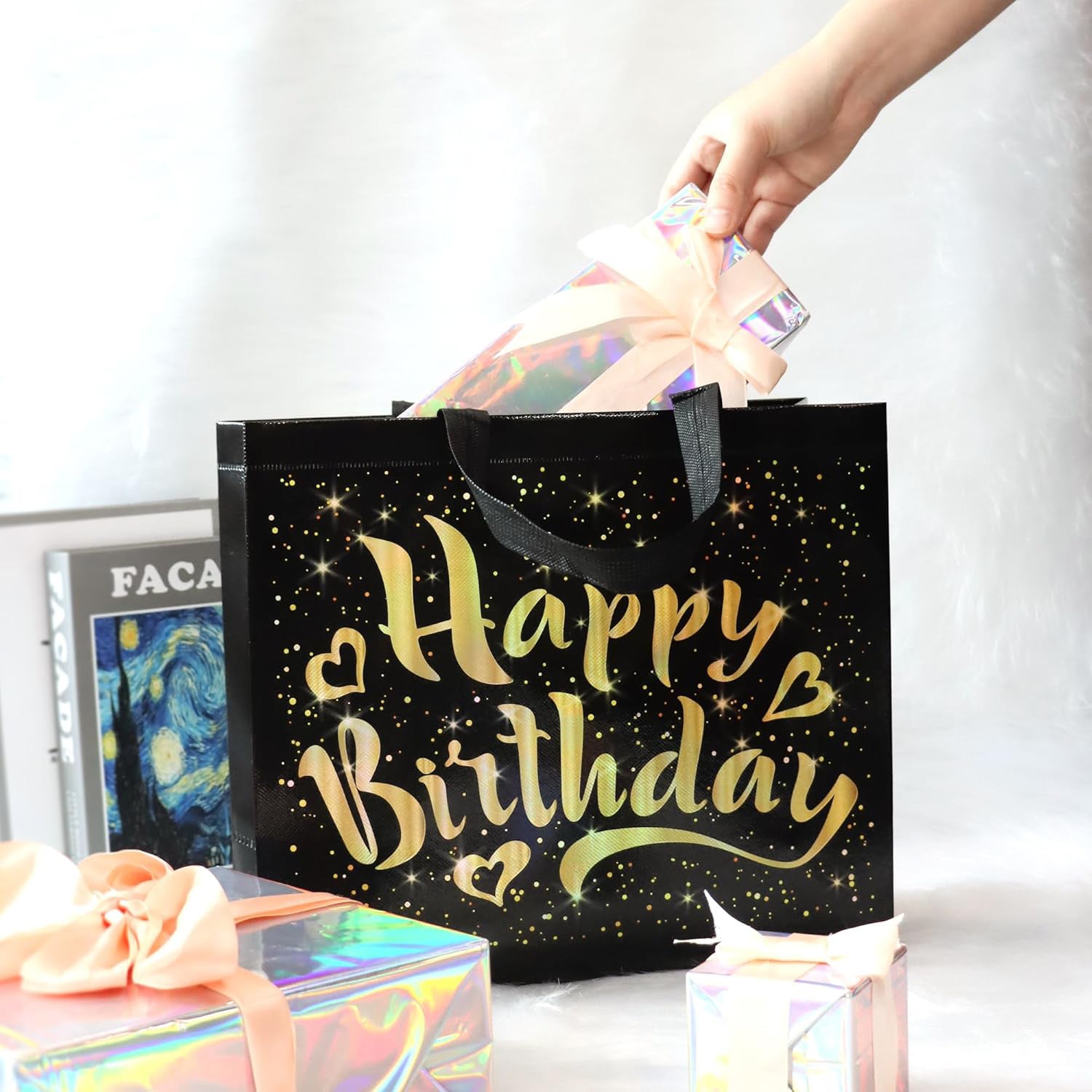 Birthday Gift Bag with Gold Shiny Stars, Reusable Party Gift Bags (1 Pc) - Shivani Jaswal Birthday Gift Bag with Gold Shiny Stars, Reusable Party Gift Bags (1 Pc)