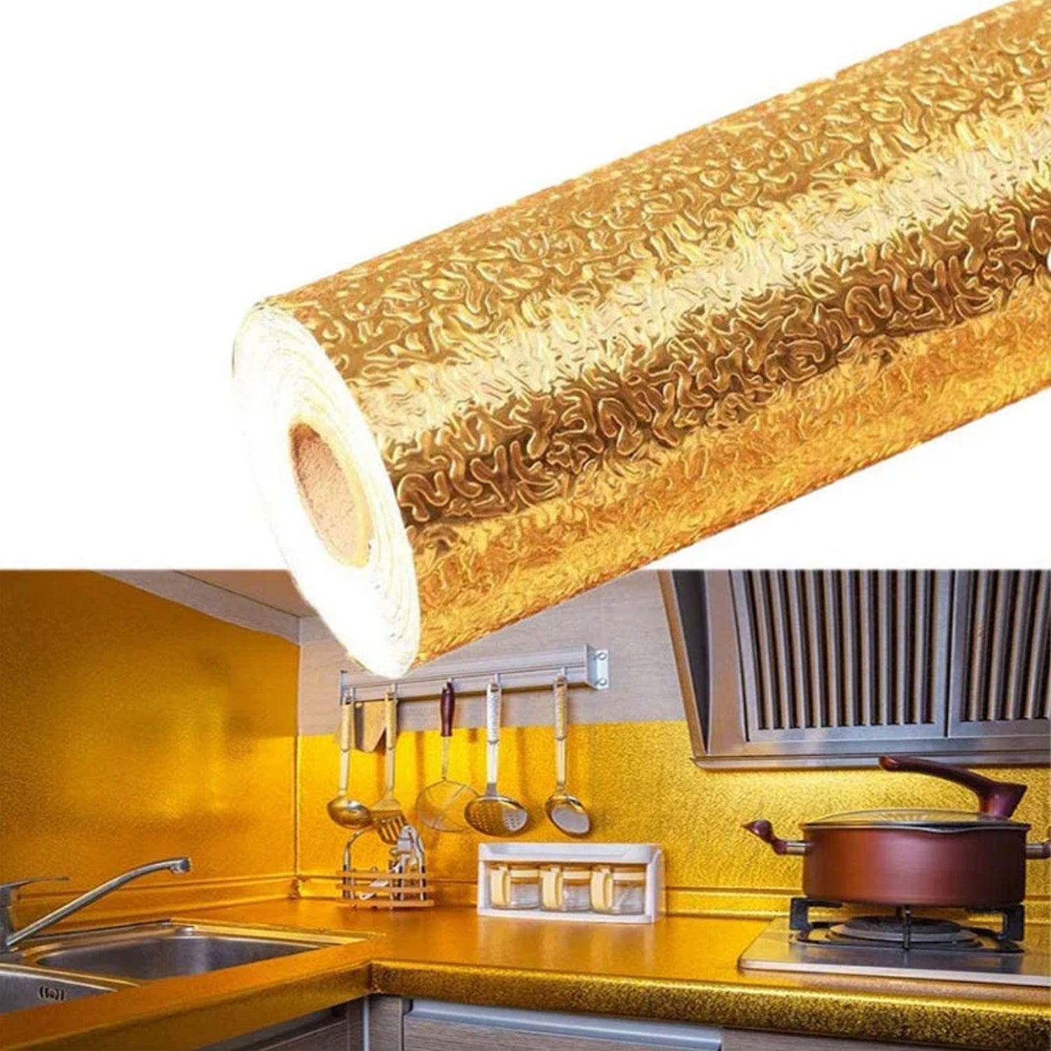 Oil Proof Sticker, Waterproof Self Adhesive Aluminum Foil Wallpaper (60 cm×200 Cm / Golden / 1 Pc) - Shivani Jaswal Oil Proof Sticker, Waterproof Self Adhesive Aluminum Foil Wallpaper (60 cm×200 Cm / Golden / 1 Pc)