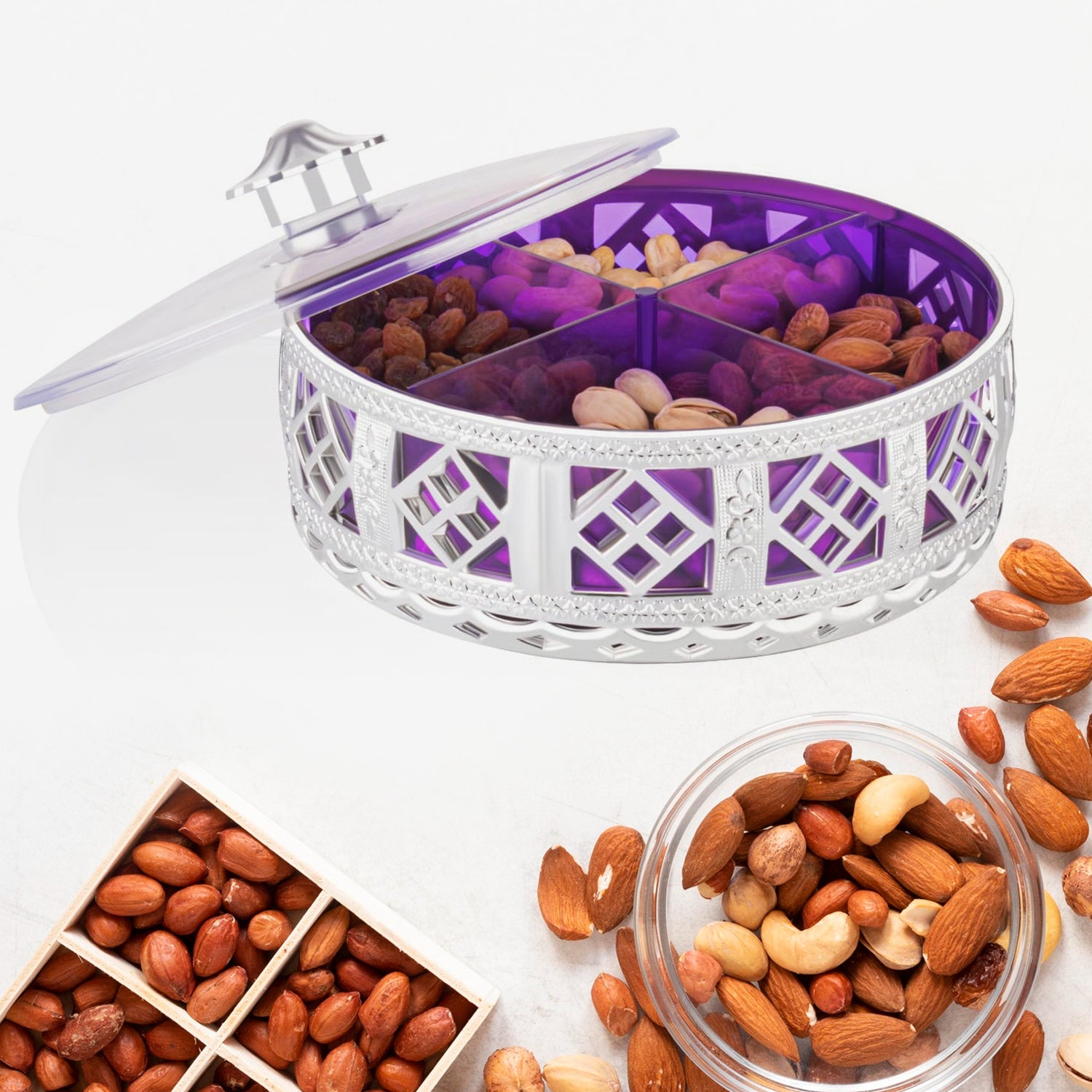 Multipurpose Dry Fruit Box 4 Section Dry Fruit Round Silver Gift Box (1 Pc) - Shivani Jaswal Multipurpose Dry Fruit Box 4 Section Dry Fruit Round Silver Gift Box (1 Pc)