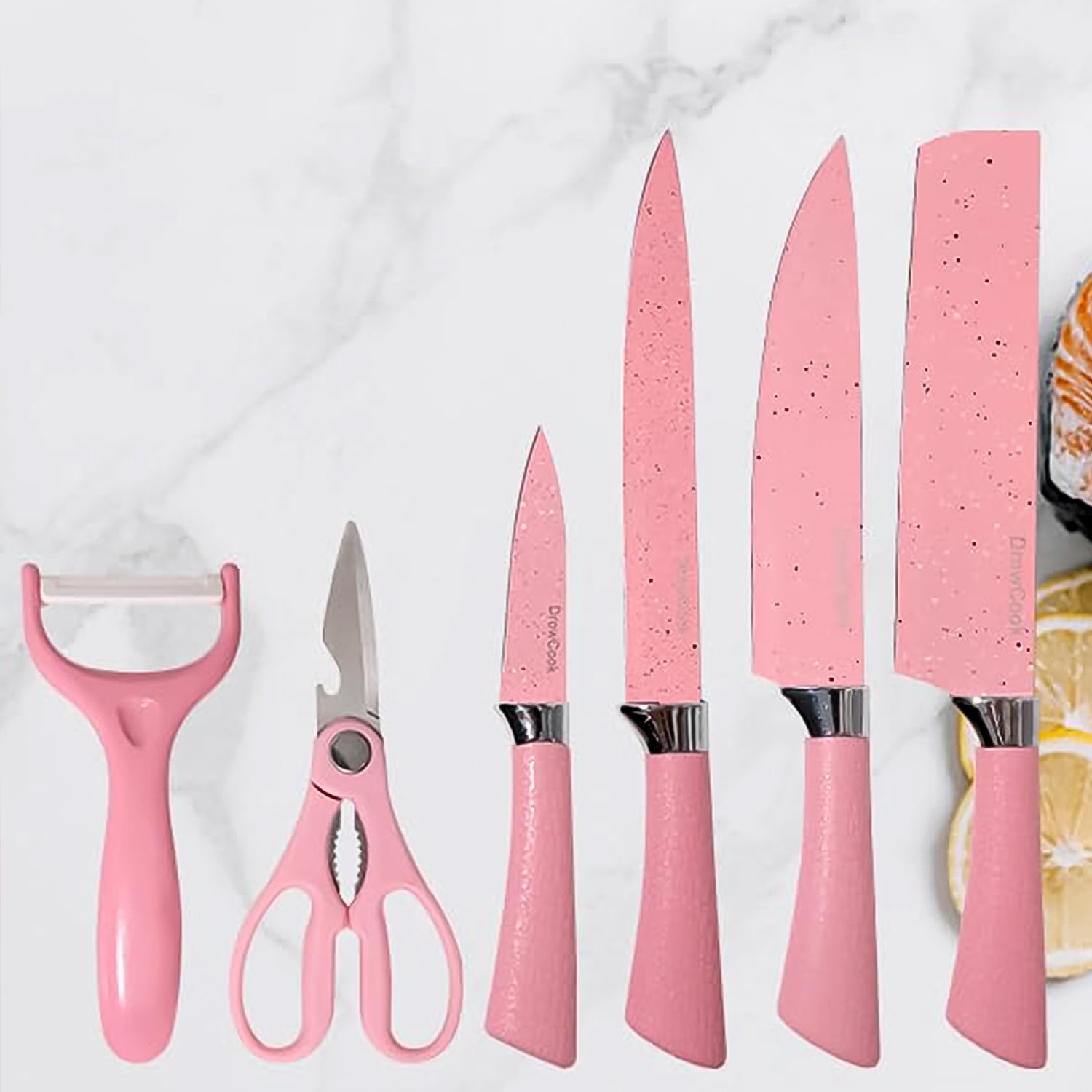 Stainless Steel Non Stick Ceramic Coating 6 Pcs Chef Kitchen Knife Set with Scissor & Peeler - Shivani Jaswal Stainless Steel Non Stick Ceramic Coating 6 Pcs Chef Kitchen Knife Set with Scissor & Peeler