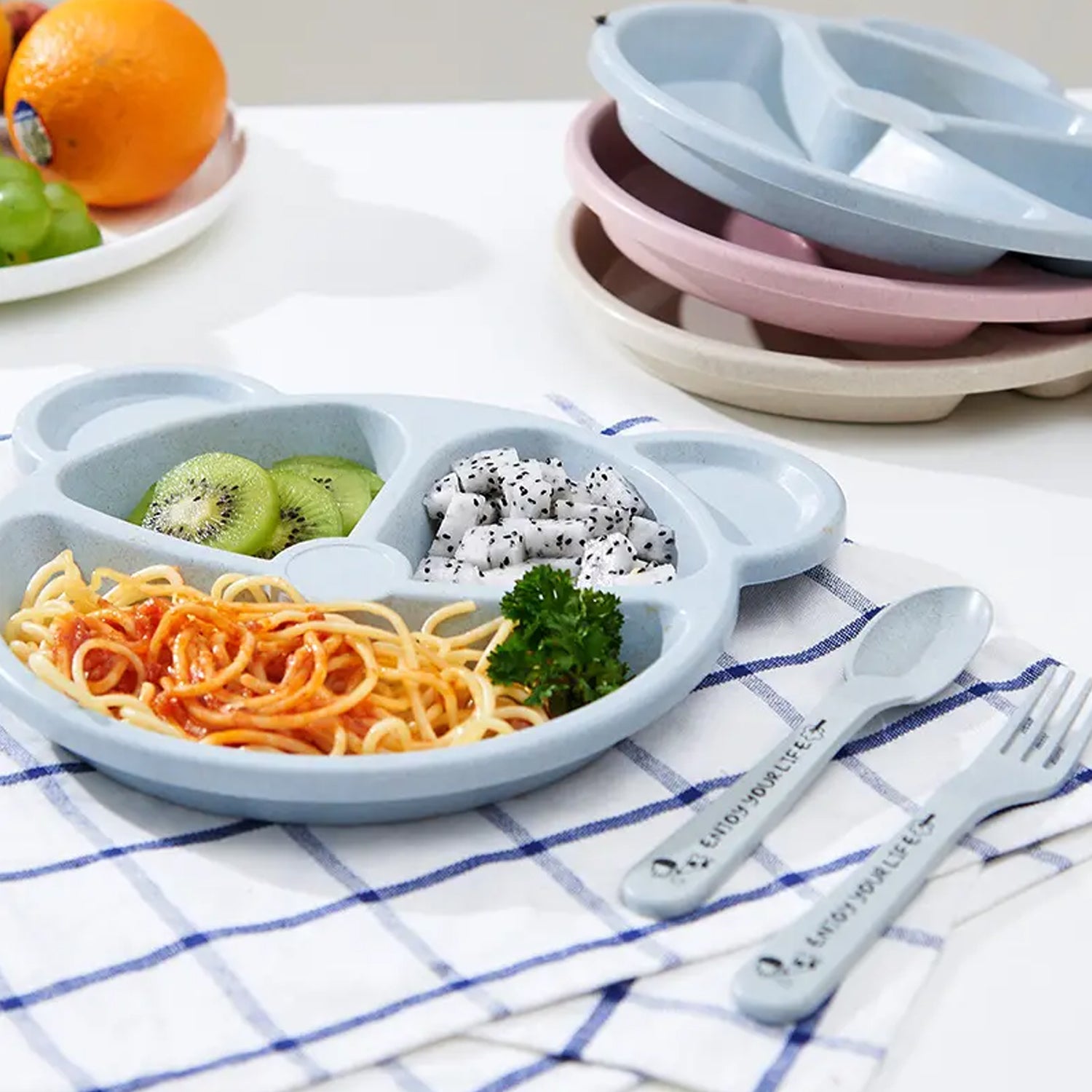 Kids 3 Compartment Food Tray / Plates With Spoon & Fork (1 Set) - Shivani Jaswal Kids 3 Compartment Food Tray / Plates With Spoon & Fork (1 Set)