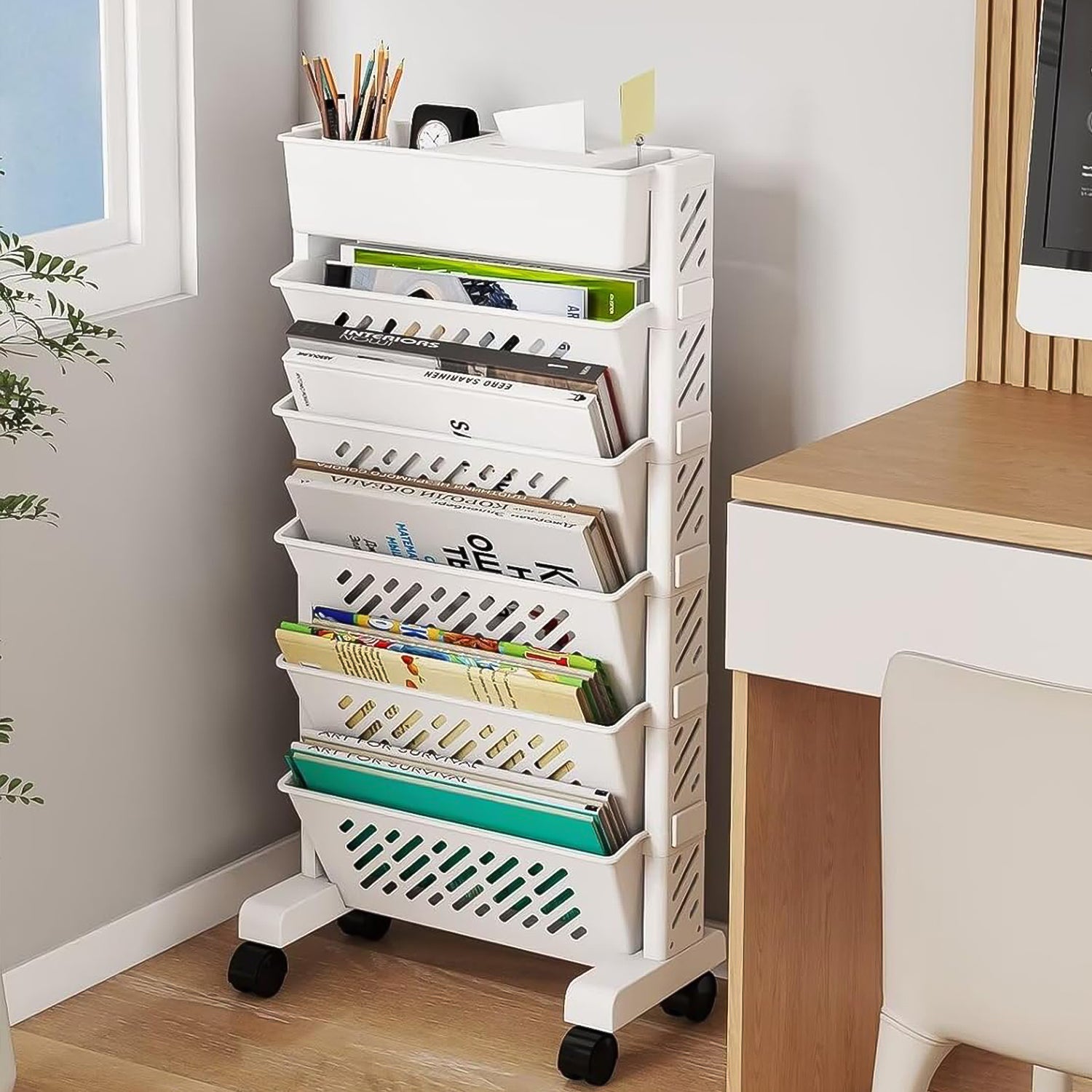 Movable Bookshelf, Large Capacity Rotatable Plastic Rolling Organization Shelf / Rack - Shivani Jaswal Movable Bookshelf, Large Capacity Rotatable Plastic Rolling Organization Shelf / Rack