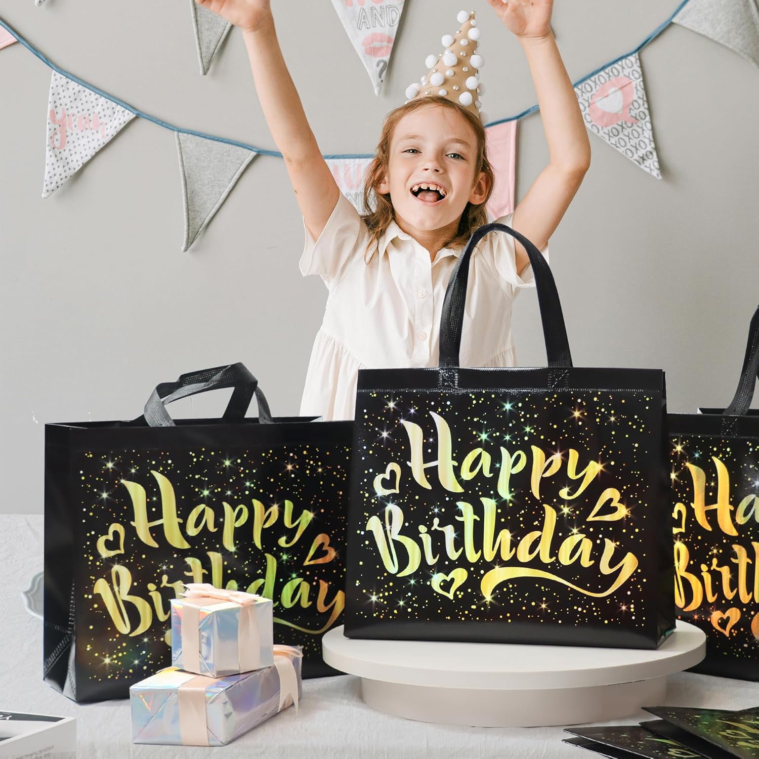 Birthday Gift Bag with Gold Shiny Stars, Reusable Party Gift Bags (1 Pc) - Shivani Jaswal Birthday Gift Bag with Gold Shiny Stars, Reusable Party Gift Bags (1 Pc)