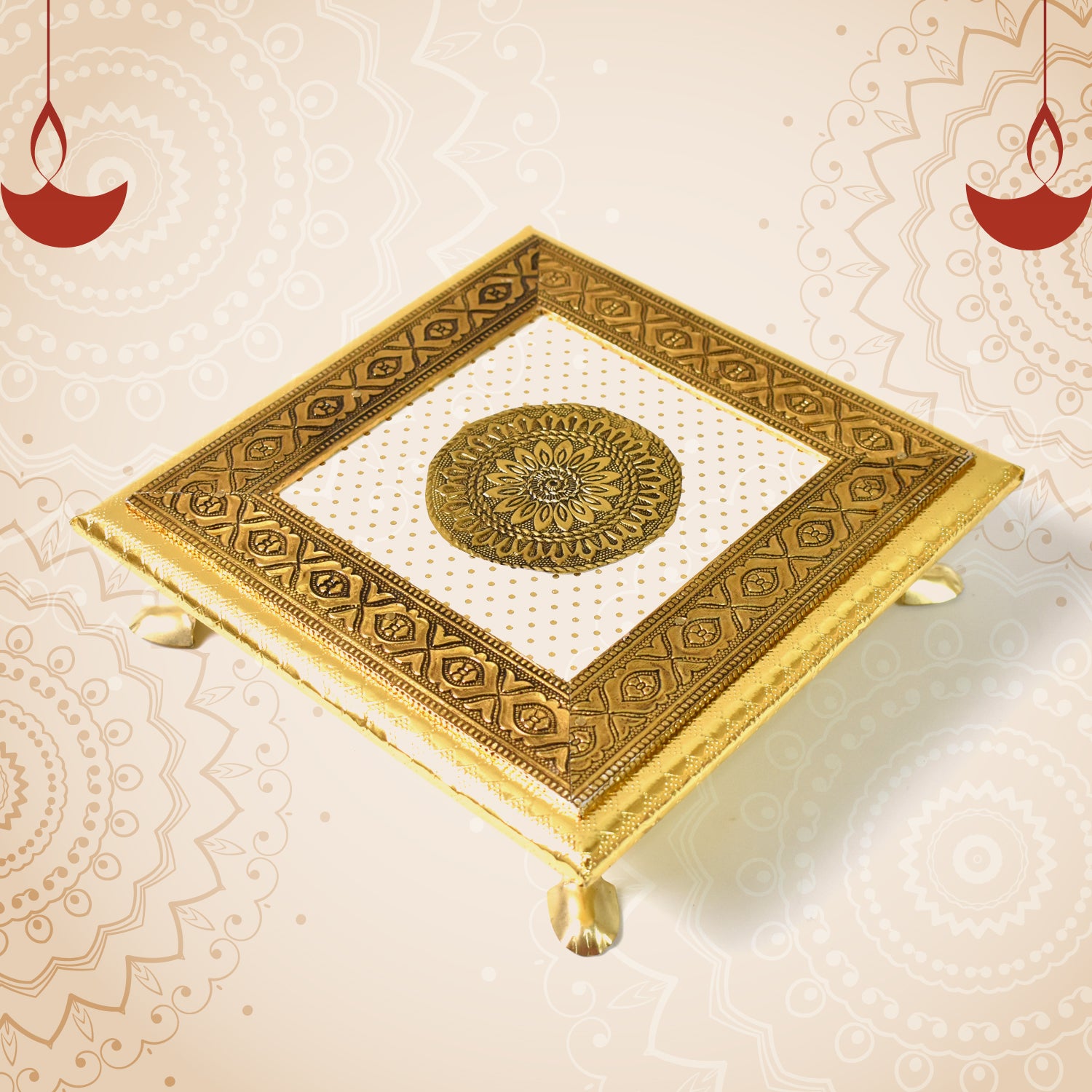 Golden - Square Pooja Chowki Patla / Bajot (20×20 CM / 1 Pc) - Shivani Jaswal Golden - Square Pooja Chowki Patla / Bajot (20×20 CM / 1 Pc)