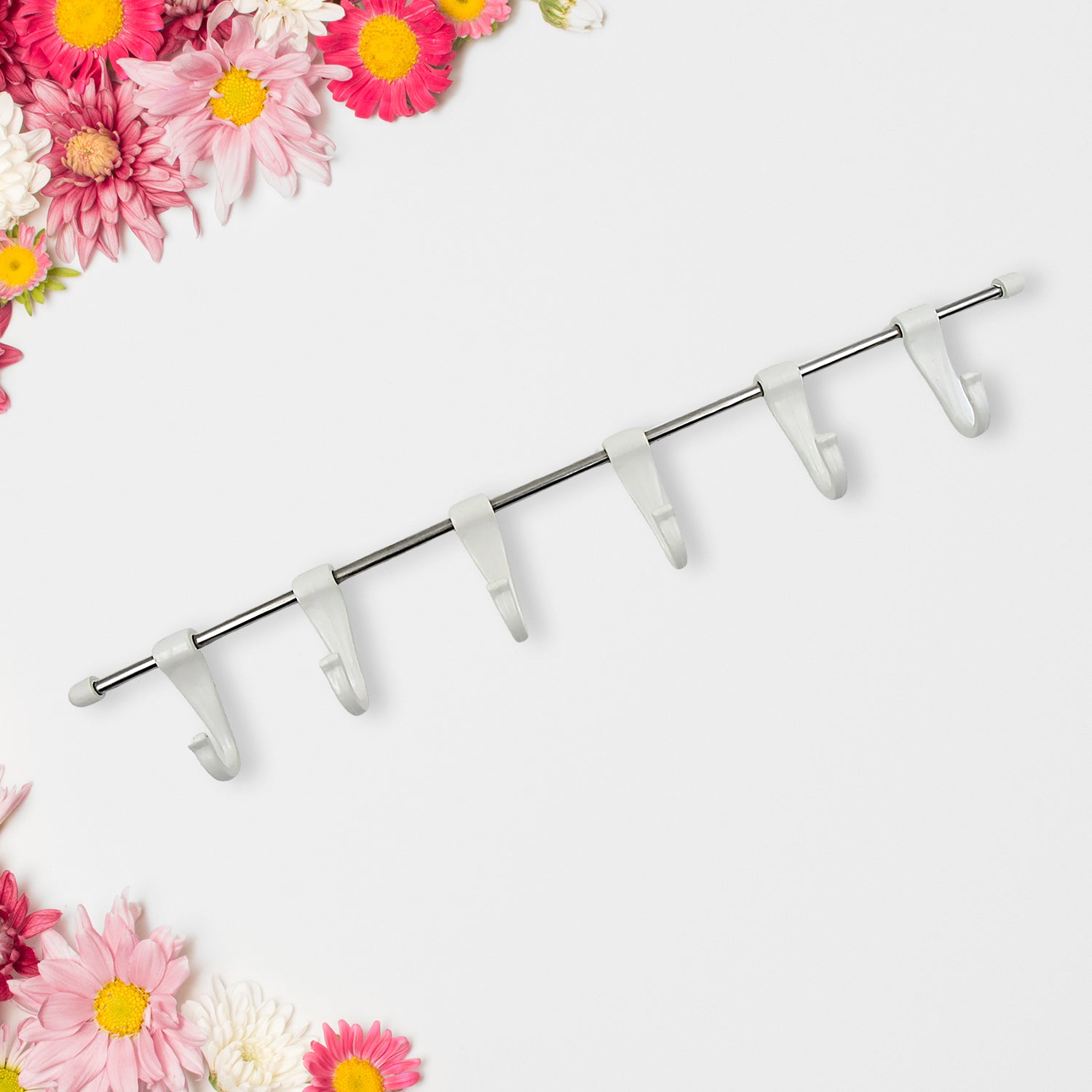 Stainless Steel Utensil Hanger Rail Nail Free Wall Mount with 2 Magic Stickers & 6 Plastic Hooks For Kitchen - Shivani Jaswal Stainless Steel Utensil Hanger Rail Nail Free Wall Mount with 2 Magic Stickers & 6 Plastic Hooks For Kitchen