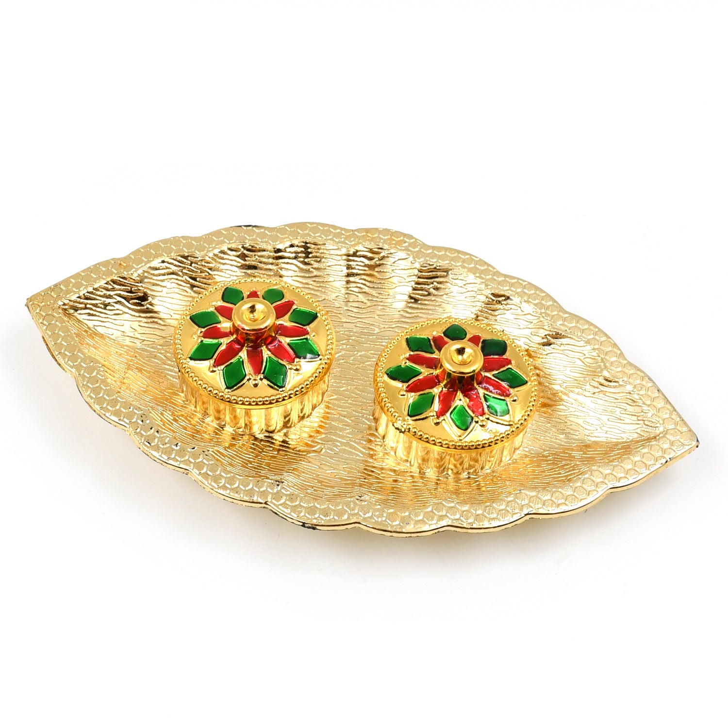 Leaf Shape Special Puja Thali (1 Pc / Mix Design) - Shivani Jaswal Leaf Shape Special Puja Thali (1 Pc / Mix Design)
