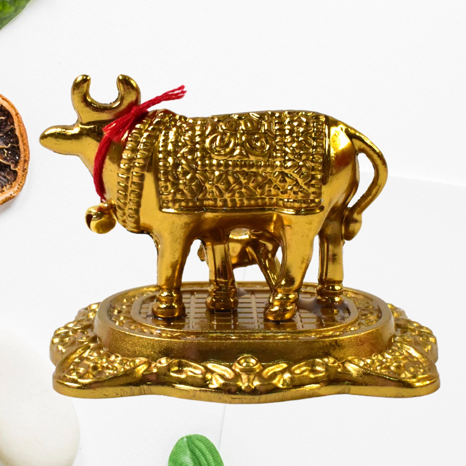 Metal Golden Kamdhenu Cow with Calf (1 Pc) - Shivani Jaswal Metal Golden Kamdhenu Cow with Calf (1 Pc)