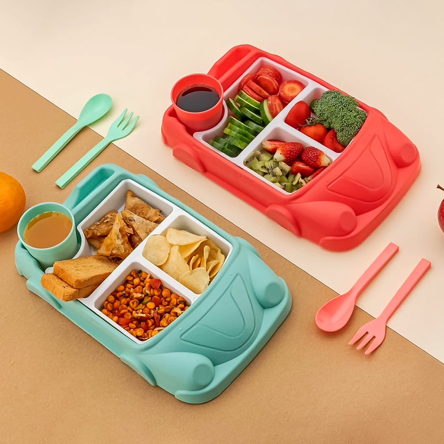 Kid's Car Shaped Plates Cup / Lunch Box Dinnerware Set (4 Pcs Set / 1000 ML Lunch Box) - Shivani Jaswal Kid's Car Shaped Plates Cup / Lunch Box Dinnerware Set (4 Pcs Set / 1000 ML Lunch Box)