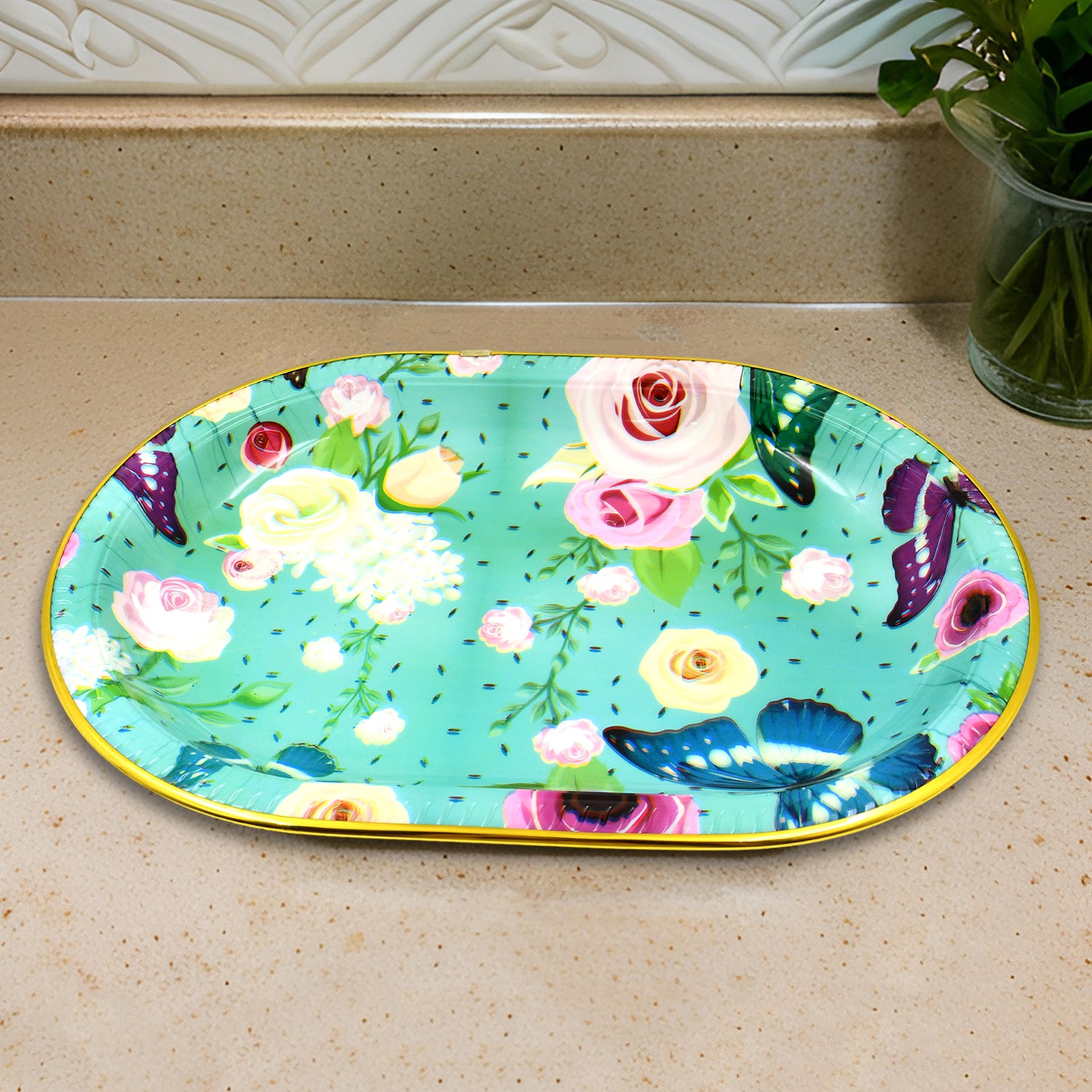 Big Plastic Flower Printed Design Serving Tray (1 Pc / 35 x 24 CM / Mix Color) - Shivani Jaswal Big Plastic Flower Printed Design Serving Tray (1 Pc / 35 x 24 CM / Mix Color)