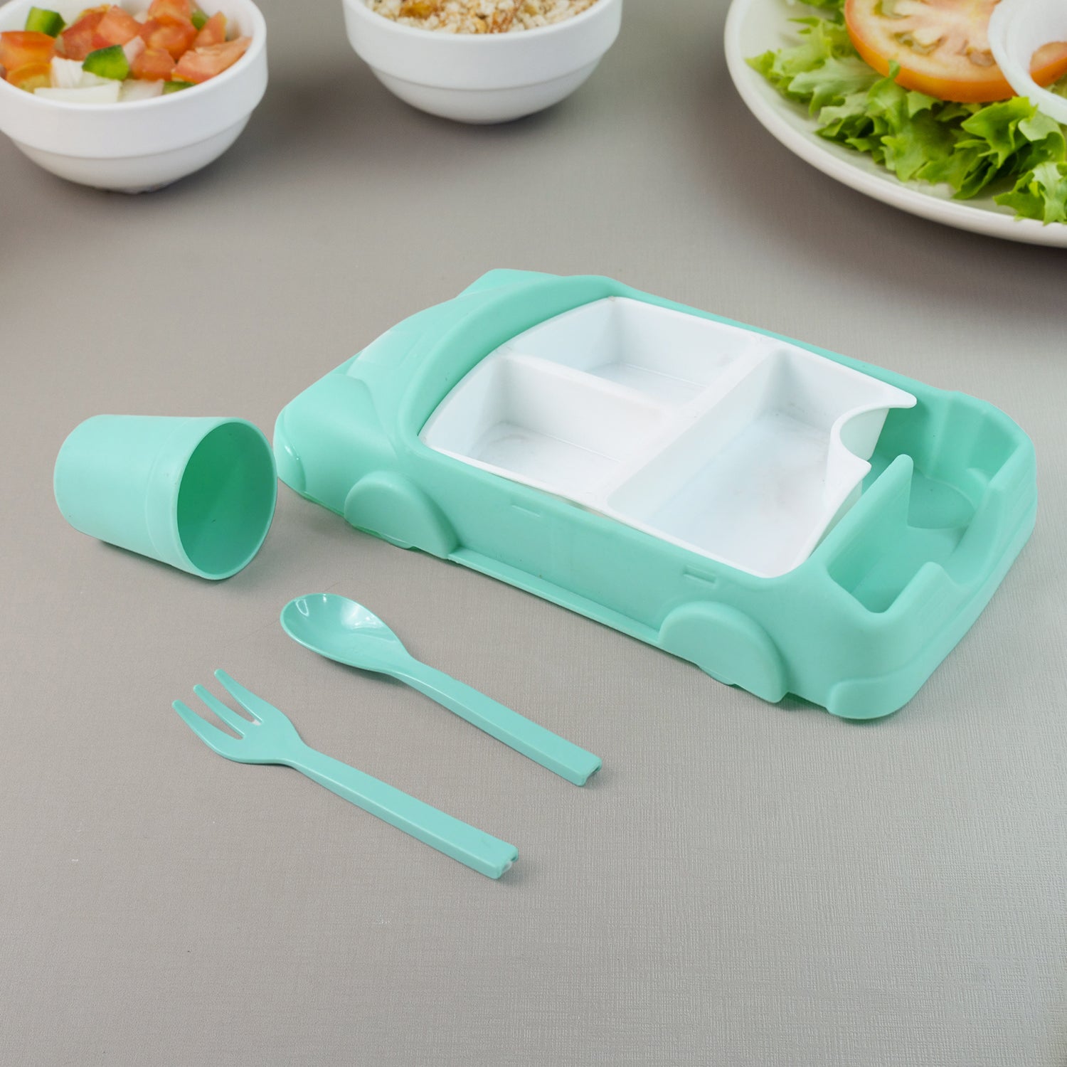 Kid's Car Shaped Plates Cup / Lunch Box Dinnerware Set (4 Pcs Set / 1000 ML Lunch Box) - Shivani Jaswal Kid's Car Shaped Plates Cup / Lunch Box Dinnerware Set (4 Pcs Set / 1000 ML Lunch Box)