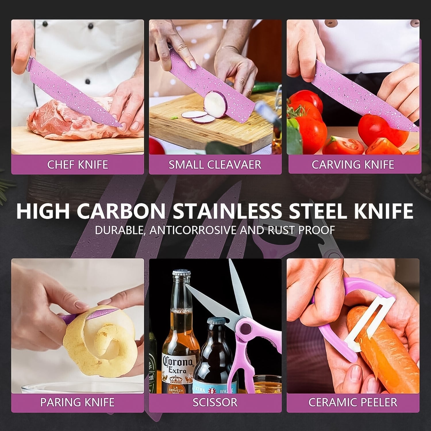 Stainless Steel Non Stick Ceramic Coating 6 Pcs Chef Kitchen Knife Set with Scissor & Peeler - Shivani Jaswal Stainless Steel Non Stick Ceramic Coating 6 Pcs Chef Kitchen Knife Set with Scissor & Peeler
