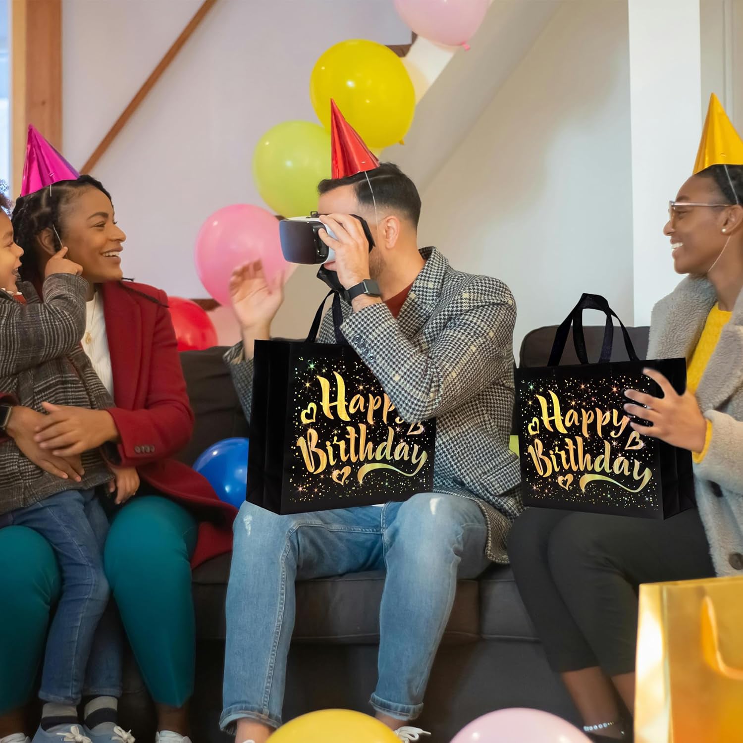 Birthday Gift Bag with Gold Shiny Stars, Reusable Party Gift Bags (1 Pc) - Shivani Jaswal Birthday Gift Bag with Gold Shiny Stars, Reusable Party Gift Bags (1 Pc)