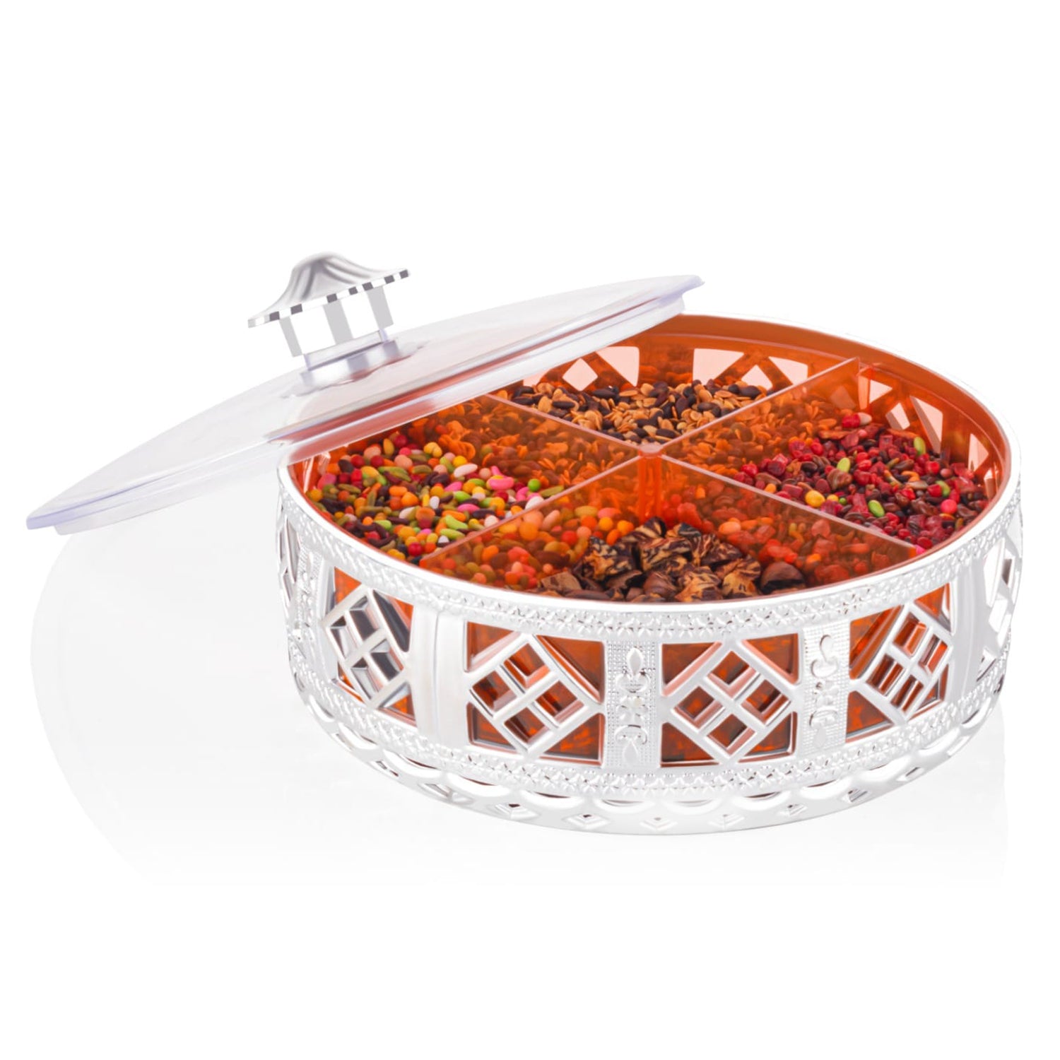 Multipurpose Dry Fruit Box 4 Section Dry Fruit Round Silver Gift Box (1 Pc) - Shivani Jaswal Multipurpose Dry Fruit Box 4 Section Dry Fruit Round Silver Gift Box (1 Pc)