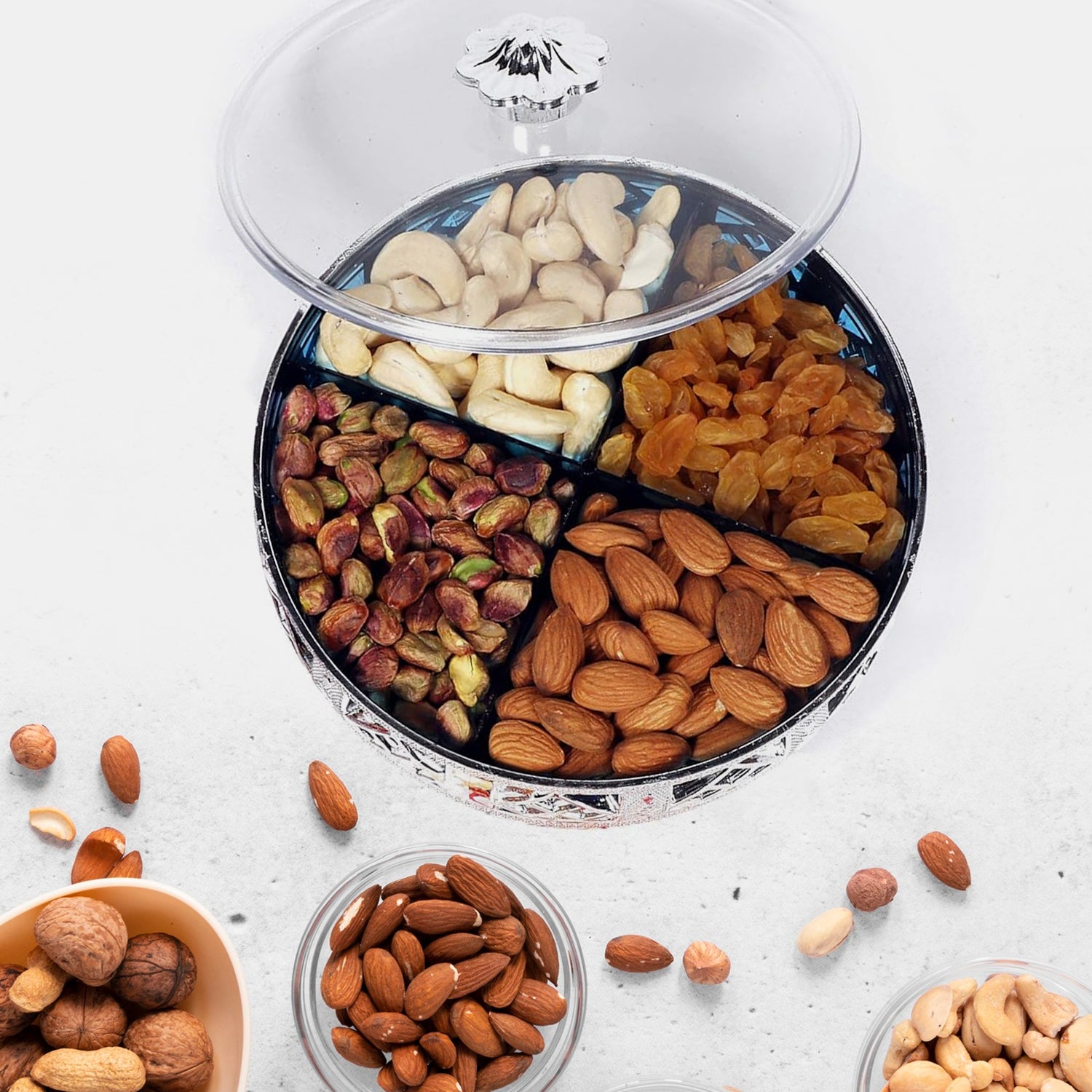 Multipurpose Dry Fruit Box 4 Section Dry Fruit Round Silver Gift Box (1 Pc) - Shivani Jaswal Multipurpose Dry Fruit Box 4 Section Dry Fruit Round Silver Gift Box (1 Pc)