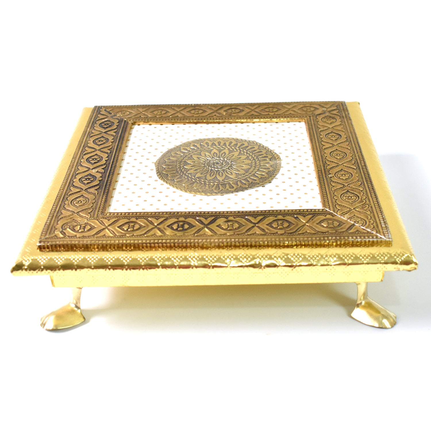 Golden - Square Pooja Chowki Patla / Bajot (20×20 CM / 1 Pc) - Shivani Jaswal Golden - Square Pooja Chowki Patla / Bajot (20×20 CM / 1 Pc)