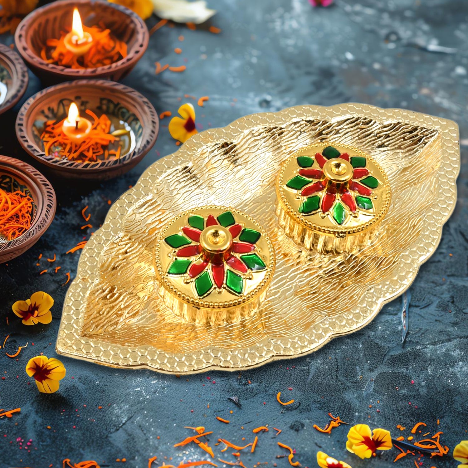 Leaf Shape Special Puja Thali (1 Pc / Mix Design) - Shivani Jaswal Leaf Shape Special Puja Thali (1 Pc / Mix Design)