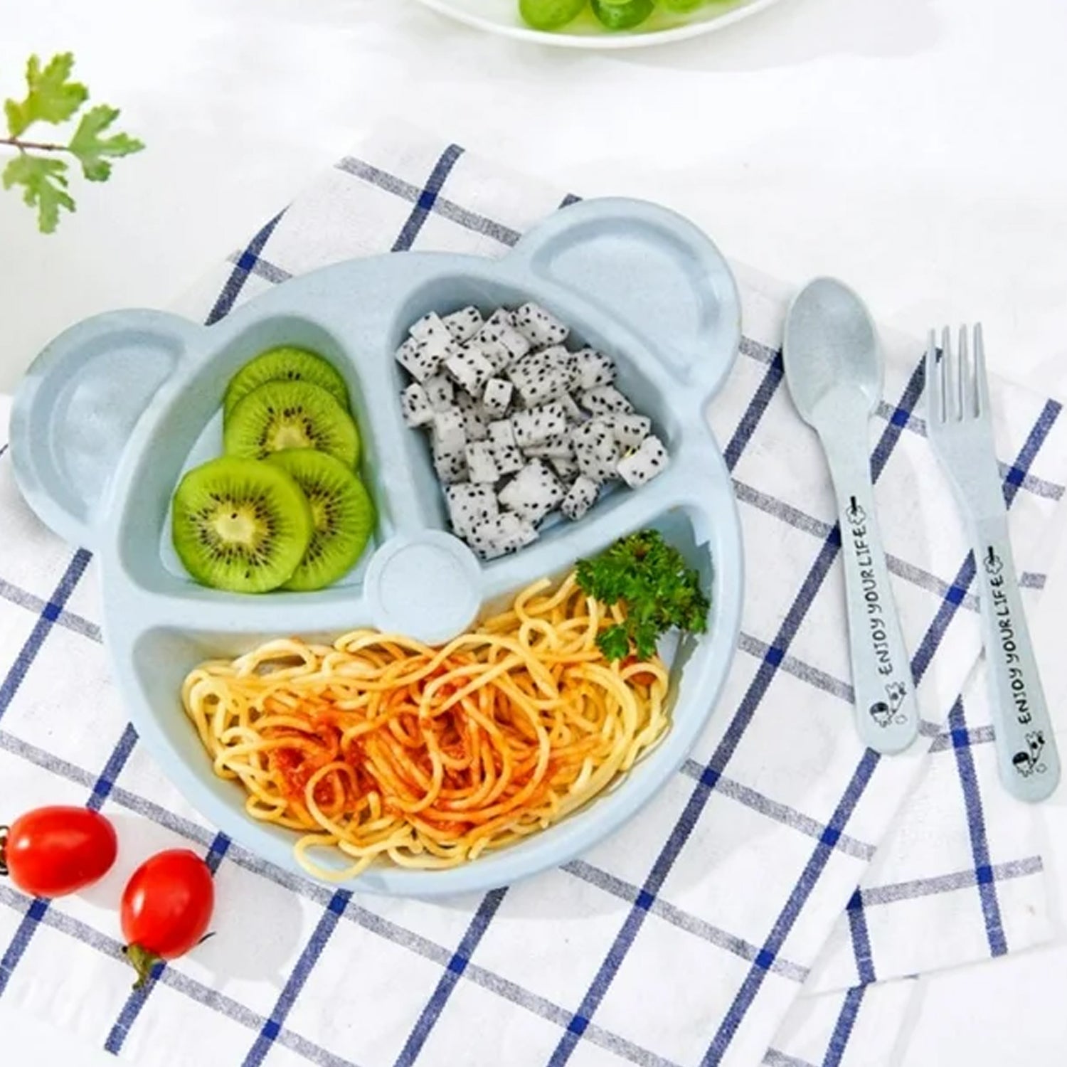 Kids 3 Compartment Food Tray / Plates With Spoon & Fork (1 Set) - Shivani Jaswal Kids 3 Compartment Food Tray / Plates With Spoon & Fork (1 Set)
